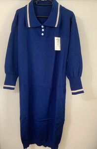 ブルー レディース ワンピース セーター 緩め 長袖 伸縮性 セータードレス ドレス