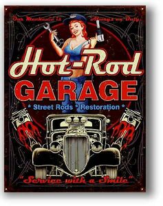 ピンナップガール＆ホットロッド Hot Rod GARAGE レトロ調 アメリカンブリキ看板 メタルプレート