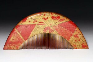 [ peach ] antique hair ornament :. lacquer ground lacqering . place car map . Edo period 