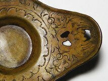 【桃】煎茶道具：黄銅製透かし向かい蝙蝠印刻唐草紋様茶托　其の弐_画像5