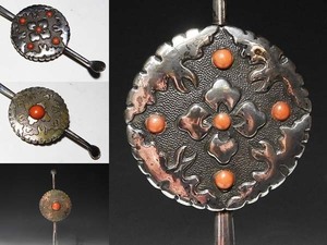 [ peach ] antique hair ornament : gold . silver made branch ..... carving chrysanthemum .