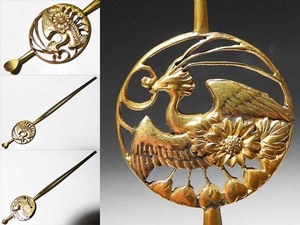 [ peach ] antique hair ornament : gold . silver ground . gold ... carving chrysanthemum .. flat strike ..