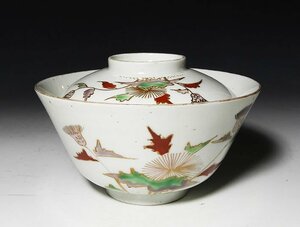 【桃】古伊万里：色絵アザミの図茶碗