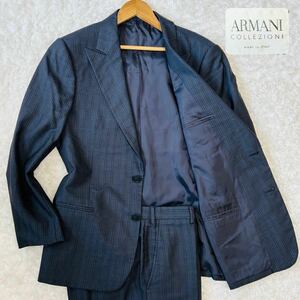 極美品【希少XL】極上のシルク!!アルマーニコレッツォーニARMANI COLLEZIONIセットアップスーツ50ネイビー圧巻の存在感◎高級◎ストライプ