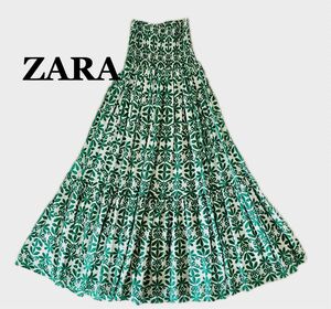 ZARA ロングフレアスカート　ベアワンピース　ボタニカルプリント　グリーン