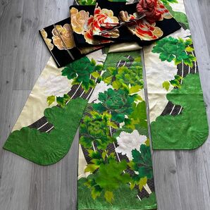 振袖 正絹 振袖 袷 レトロ 牡丹柄 グリーン 金駒刺繍