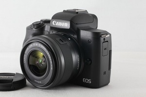 ◆新品同様◆キヤノン Canon EOS Kiss M EF-M 15-45 IS STM レンズキット ブラック ストラップ◇44539