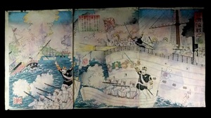 戦争絵 浮世絵木版画 錦絵 楊斎延一 「日清海戦之図」3枚綴り SMN604（21-9）