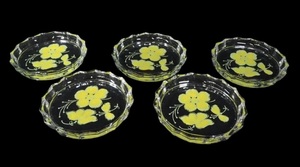 レトロポップな可愛らしいガラス食器！昭和レトロ 佐々木硝子 緑花柄ガラスコースター5枚セット 豆皿 佐々木ガラス 1970年代 SHI605