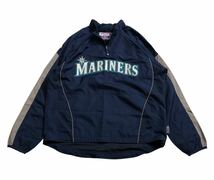 ■ Majestic マジェスティック ■ MLB SEATTLE MARINERS マリナーズ ロゴ 刺繍 ワッペン ハーフジップ ナイロン プルオーバー ネイビー L_画像2
