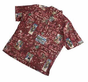 ■ Reyn Spooner MELE KALIKIMAKA レインスプーナー ■ サンタ 総柄 コットン ボタンダウン プルオーバー アロハシャツ レッド系 L