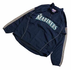 ■ Majestic マジェスティック ■ MLB SEATTLE MARINERS マリナーズ ロゴ 刺繍 ワッペン ハーフジップ ナイロン プルオーバー ネイビー L