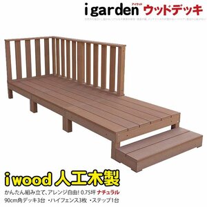 igarden アイウッドデッキ 7点セット（デッキ3・ハイフェンス3・90ステップ1）0.75坪 ナチュラル 樹脂製 テラス バルコニー -3d3h1s