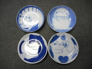 NEW藍染ねこちぐら軽量1６.5㎝丸皿４柄セット　日本製　美濃焼　新品未使用　陶磁器製