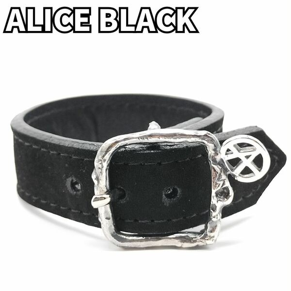【個性を際立たせる】　ALICE BLACK　アナーキー スカルバックル レザー ブレスレット バングル レザー ロゴ ベルト アリスブラック　黒