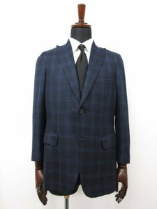 美品【ブリオーニ Brioni】BRACCIANO カシミア×シルク 2ボタン チェック柄ジャケット (メンズ) size46C ネイビー系 伊製 ■17HR3583■