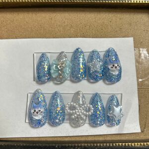 nail No.11 ハチワレ ちいかわ ブルー ラメ キラキラ ネイル