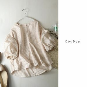 ドゥドゥ DouDou☆洗える パフスリーブ ストライプブラウス フリーサイズ☆A-O 1893