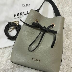 希少 美品 FURLA フルラ コスタンザ 2way ショルダーバッグ ハンドバッグ 巾着 現行ロゴ レザー バイカラー グレー