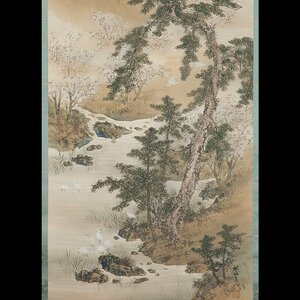 Art hand Auction [5] Shuseki Okutani, Spring Scenery with Cherry Blossoms and Herons in Landscape, authentic, silk, colored, hanging scroll, box, double box, Painting, Japanese painting, Landscape, Wind and moon