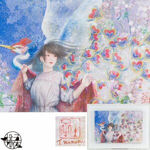 【五】真作 吉田ユミ 『吉報告げる風』 デジタルアート 手彩色 パネル 4号 直筆サイン 2021年 アクリル額付 ／ 一点物