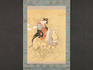 【伝来】sh9993 美人画 見立普賢菩薩図 江口の君 無落款 浮世絵 仏画 白象 中国画