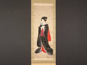 Art hand Auction 【伝来】sh7403 上方浮世絵 扇子美人図 無落款, 絵画, 日本画, 人物, 菩薩