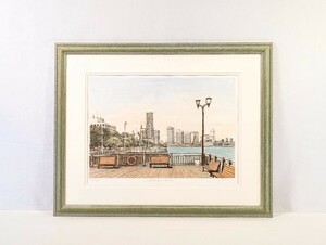 真作 織田義郎 銅版画+手彩色「YOKOHAMA BAY」画寸 49.5cm×34cm 東京都出身 横浜ベイエリア 高層建物のある街並みの美しい港風景 8966