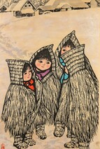 真作 村上暁人 1972年円熟期木版画「雪路」画寸 38cm×69cm 広島県出身 創作版画協会長 微笑ましい子供たち 蓑を着た童たちの雪国冬景 8967_画像3