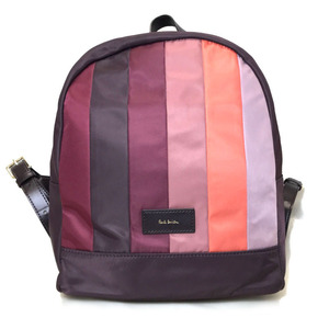 美品 ポールスミス Paul Smith バックパック リュック サック バッグ ストライプ パープル ナイロン レザー メンズ レディース 中古