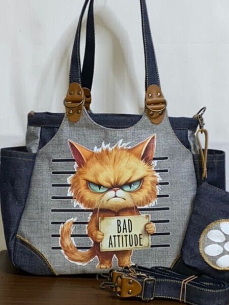 ハンドメイド☆岡山デニム☆bad cat☆トラ猫☆リュック対応☆4wayあおりバッグ