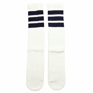 SkaterSocks (スケーターソックス) ロングソックス 靴下 Knee high White tube socks with Navy Blue stripes style 1 (22インチ)