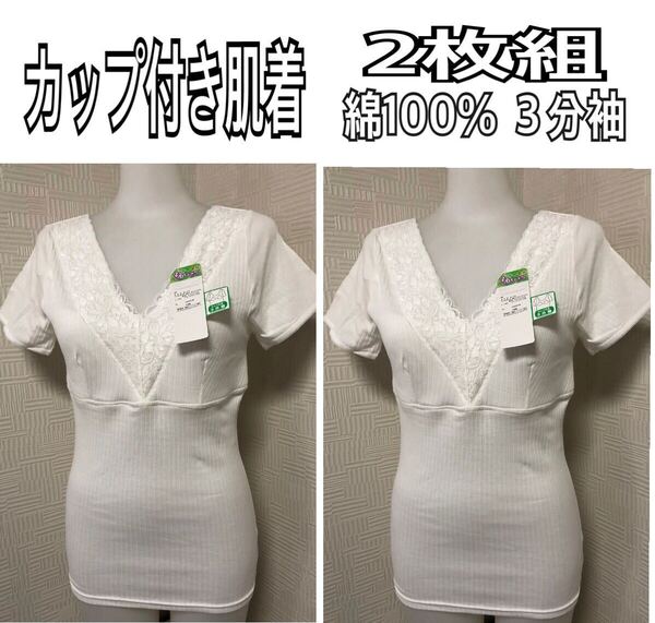 L 2枚組 レディース 半袖肌着 3分袖肌着 ソフトカップ付き下着 綿100% 新品 白色下着