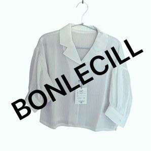 未使用☆ BONLECILL ボンルシール　シアーストライプ ボリュームスリーブ クロップド開襟シャツ