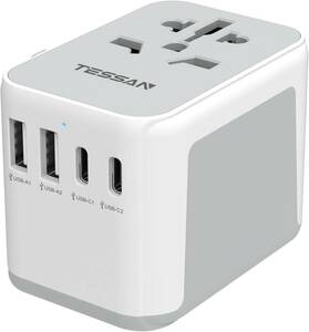 変換プラグ 全世界対応 海外旅行 コンセント TESSN 旅行用変換器 2つUSB-Cと2つUSB-ポート付き C/O/BF/タイ