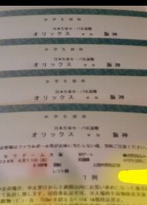 6月11日(火)　オリックスVS阪神　レフト上段1列目通路側　大人2枚子供4枚