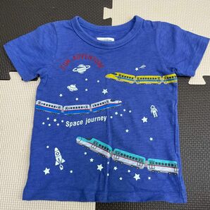 新幹線Tシャツ　104 100サイズ ドクターイエロー　はやぶさ　宇宙　蓄光プリント　青　 半袖Tシャツ