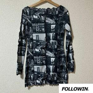 N■ FOLLOWIN フォロウィン レディース 長袖Tシャツ フリーサイズ 黒/白/グレー ロンT 総柄 モノクロ フリル ストリート 韓国 トップス