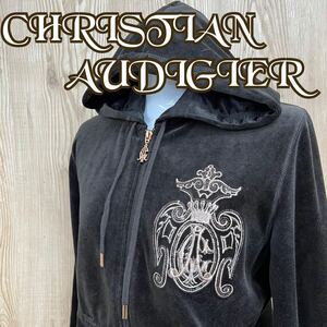 M# Christian Audigier Christian o-doje- lady's setup velour Brown tea L size embroidery WJOO11 with a hood . girl 