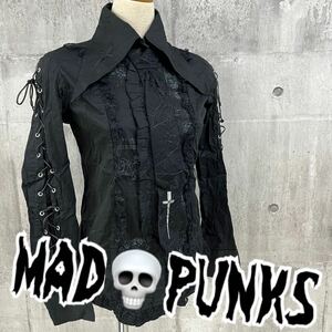 M■ MAD PUNKS マッドパンクス ガール レディース 編み上げ レースアップ 長袖 フリルシャツ ネクタイ付き 黒 ブラック Mサイズ ゴスロリ