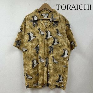 古着 TORAICHI 半袖 シャツ ブラウス Shirt ワークシャツ 胸ポケット ボタン 開襟 総柄 オープンカラー L 茶 / ブラウン