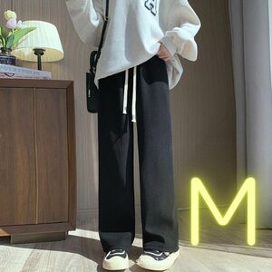 パンツ　部屋着　コーデュロイ 裏起毛　韓国 　黒　ゴム　紐　ワイドパンツ　ハイウエスト　M