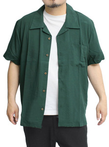 【新品】 4L カーキ オープンカラーシャツ メンズ 大きいサイズ レーヨン 無地 カジュアル ポケット付き 開襟 半袖シャツ