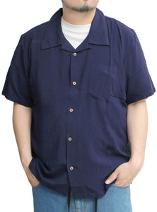 【新品】 5L ネイビー オープンカラーシャツ メンズ 大きいサイズ レーヨン 無地 カジュアル ポケット付き 開襟 半袖シャツ