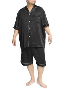 【新品】 5XL ブラック サテン セットアップ メンズ 大きいサイズ パイピング 半袖 シャツ ショートパンツ ルームウェア