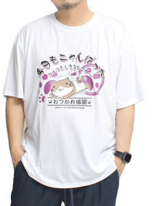 【新品】 3L ホワイト ねこぶちさん 猫渕さん 半袖 Tシャツ メンズ 大きいサイズ プリント 吸水速乾 ドライ クルーネック カットソー