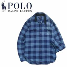 濃紺インディゴ染 Polo Ralph Lauren チンスト マチ付 チェック柄 ネルシャツ 長袖シャツ ワークシャツ メンズ ラルフローレン RRL 240501_画像1