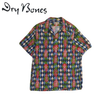 極美品 50s復刻 最高級 DRY BONES リネン混 レーヨン アーガイル 総柄 開襟 半袖アロハシャツ ハワイアン メンズM ドライボーンズ 240568