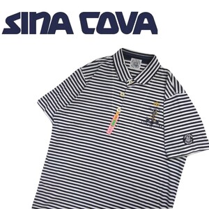 着用少 極美品 最高級 SINA COVA 刺繍ワッペン マリンボーダー 総柄 半袖ポロシャツ メンズL シナコバ マリン カプリ ゴルフウェア 240589