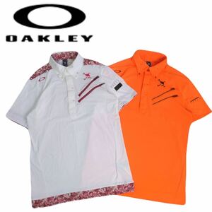 極美品 最高級 豪華刺繍2点 OAKLEY 吸水速乾 ストレッチ 切替総柄 スカルロゴ 半袖ポロシャツ メンズM オークリー ゴルフウェア 2405109